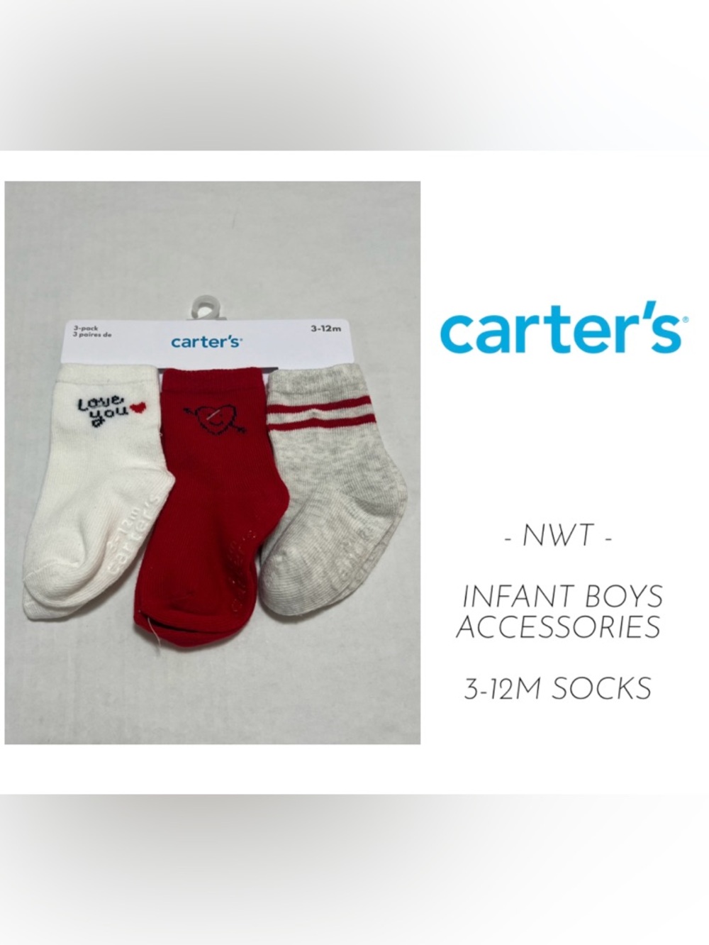 🆕CARTER’S - 3/12M - NWT - 3PK - INFANT BOYS VALENTINES DAY SOCKS